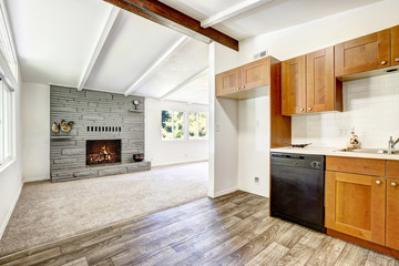 Empty old house interior. Kitchen and living room