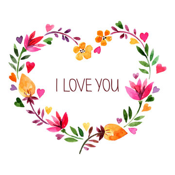 Love Card With Watercolor Floral Bouquet. Valentines Day Vect