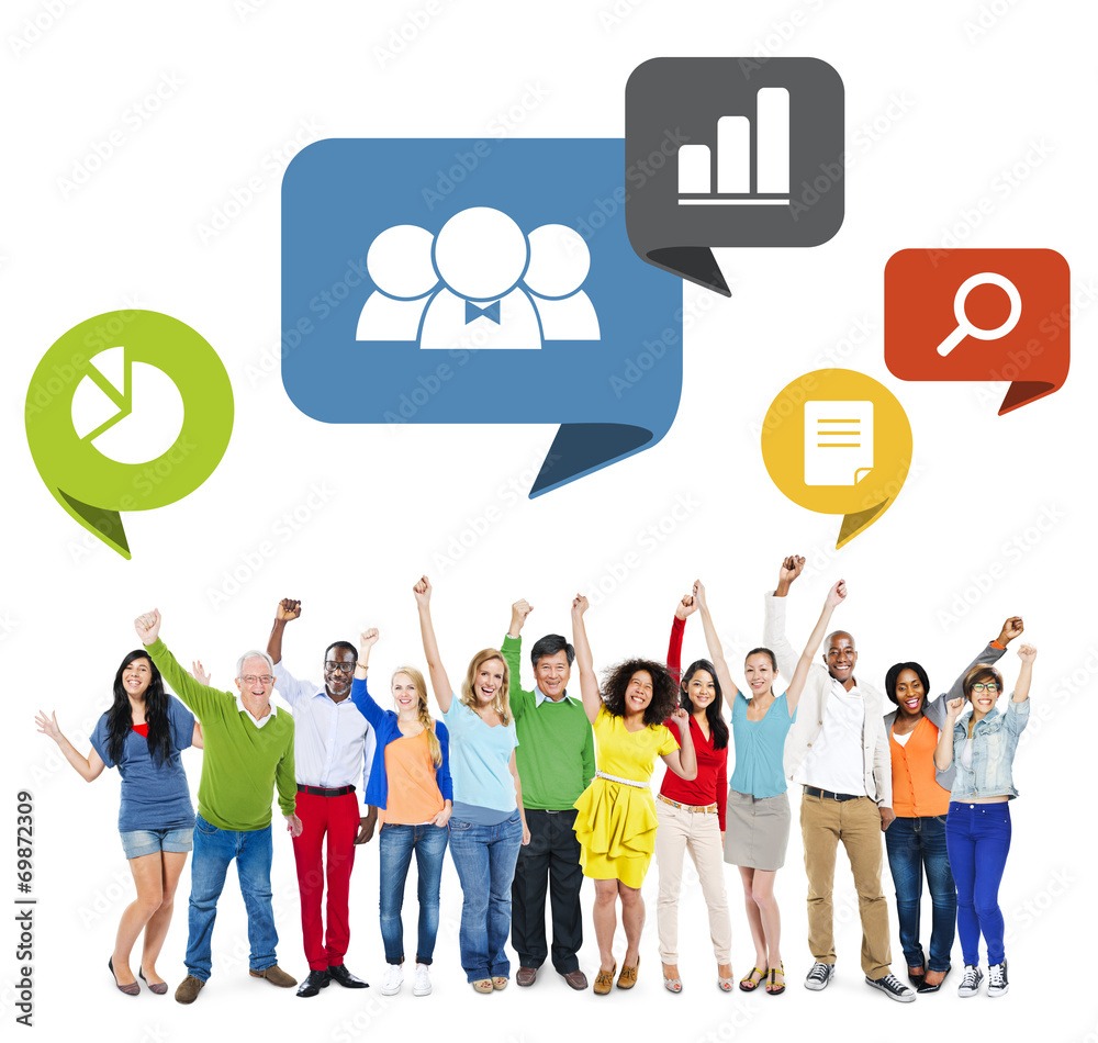 Wall mural group of people arms raised with speech bubbles - Wall murals