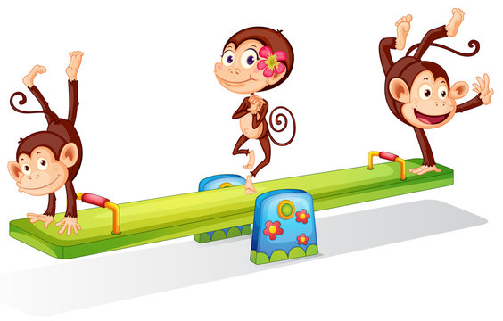 Three playful monkeys playing with the seesaw