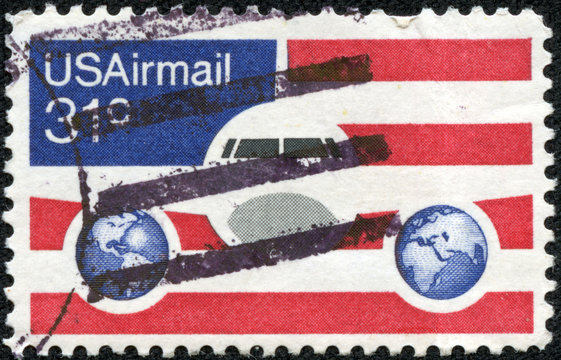 Plane and Globes on red white and blue background