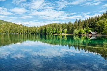 Fototapeta na wymiar Lake Fusine in the Italian Alps