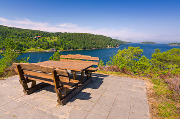 Beautiful Norwegian view point over sea fjord