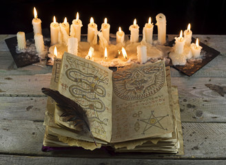 Open magic book in candlelight