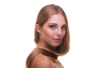 Fototapeta premium Woman with healthy long hair on white background