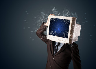 Computer monitor screen exploding on a young persons head