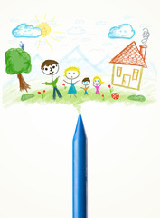 Crayon close-up with a drawing of a family