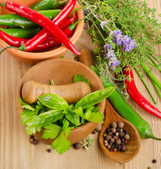 Fresh herbs on  wooden table