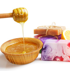 Spa setting with natural soap and sea salt