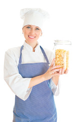 Portrait of happy female chef cook with pasta.