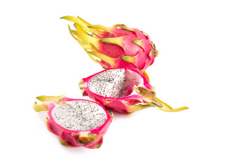 Set of three dragon fruits, whole and cut in half