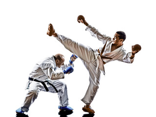 Fototapeta na wymiar karate men teenager student fighters fighting protections