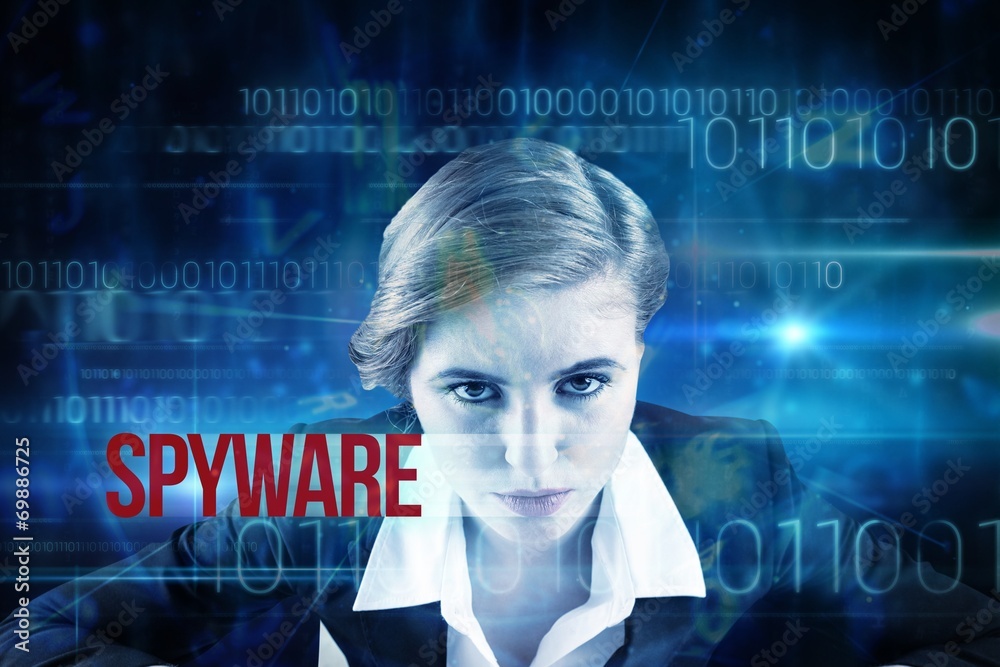 Poster Spyware against blue technology design with binary code
