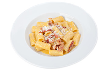 Iitalian rigatoni plate with prosciutto, parmesan cheese
