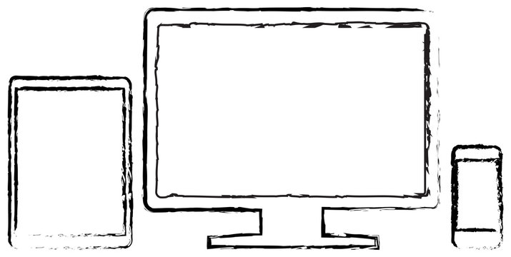 Modern Monitor With Smart Phone And Tablet Doodle Drawing