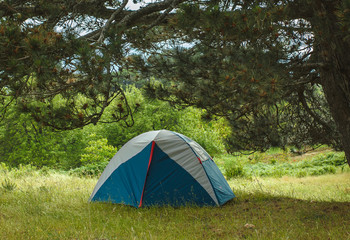 Tourist tent stands under the tree in the mountains
