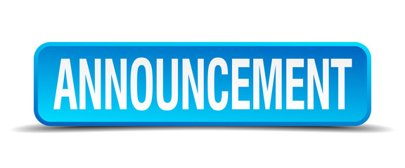 announcement blue 3d realistic square isolated button