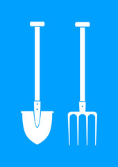 White spade and pitchfork on blue background