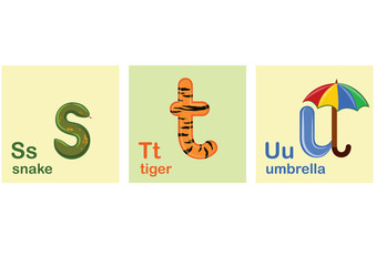 Children Alphabet, Letters, Vector Illustration, s, t, u