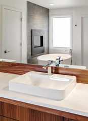 Bathroom Detail: Sink with reflection of bathtub and fireplace
