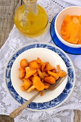 Chanterelle mushrooms in blue plates
