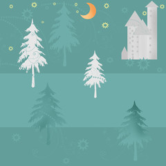 Retro night winter christmas house and trees background