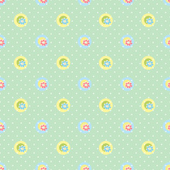 Cartoon cute flowers seamless pattern polka dot background