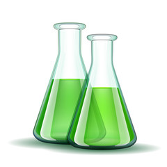 Chemical laboratory transparent flasks with green liquid