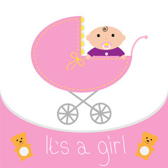 Baby pink carriage. It's a girl. Flat design style.