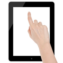 Female hand touching a tablet computer blank isolated