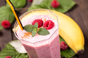 Raspberry banana smoothie closeup