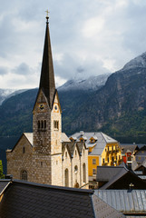 Fototapeta na wymiar Evangelical Church of Hallstatt. Alps