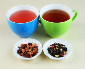 Assortment of tea on color background