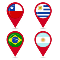 Map pin icons of national flags of South American countries