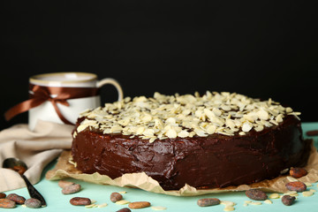 Tasty chocolate cake with almond,