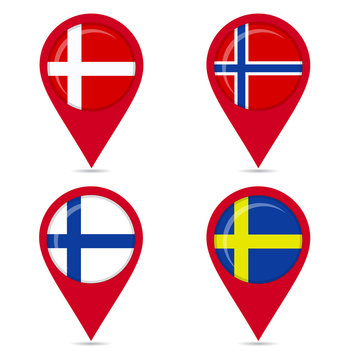Map pin icons of national flags of Scandinavian countries