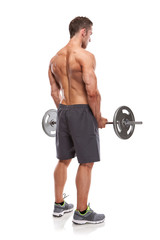 Obraz na płótnie Canvas Muscular bodybuilder guy doing exercises with big dumbbell over
