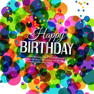 Vector birthday card in bright colors on polka dots background.
