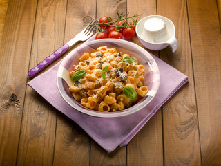 pasta with eggplant tomatoes ricotta and parmesan cheese