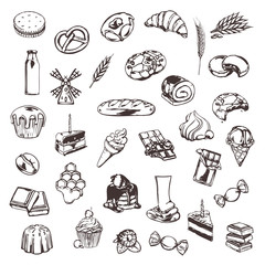 Confectionery, sketches of icons vector set