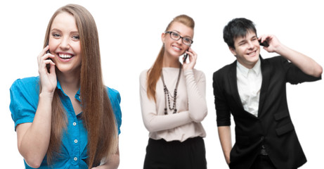 happy smiling business people calling by mobile telephone