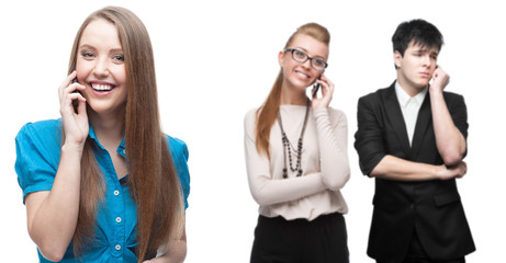 happy smiling business people calling by mobile telephone