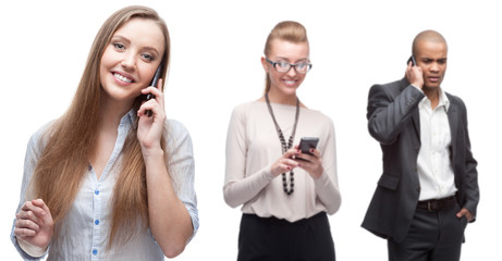 happy smiling business people calling by mobile telephone