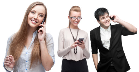 happy smiling business people calling by mobile telephone