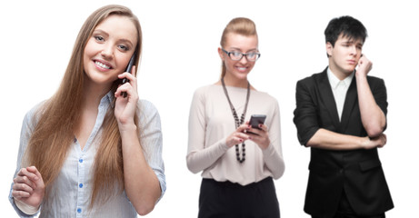 happy smiling business people calling by mobile telephone