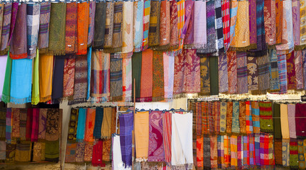 Colorful textile in a market, Tunisia