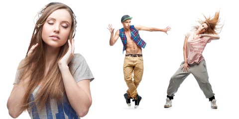 young woman listening music and two dancers on background