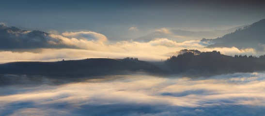 Fototapeta premium thick fog in mountains Carpathians