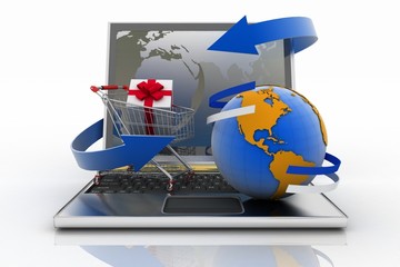 Laptop with arrow and Shopping cart with a globe
