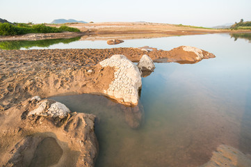 Sand dunes of Khong river and water plant.